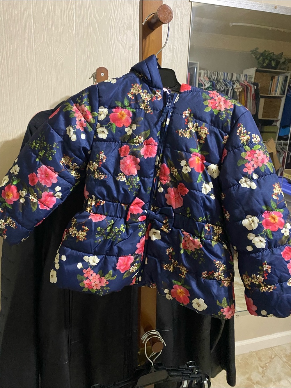 Little Me Navy Floral Quilted Puffer Jacket with Pink & White Flowers